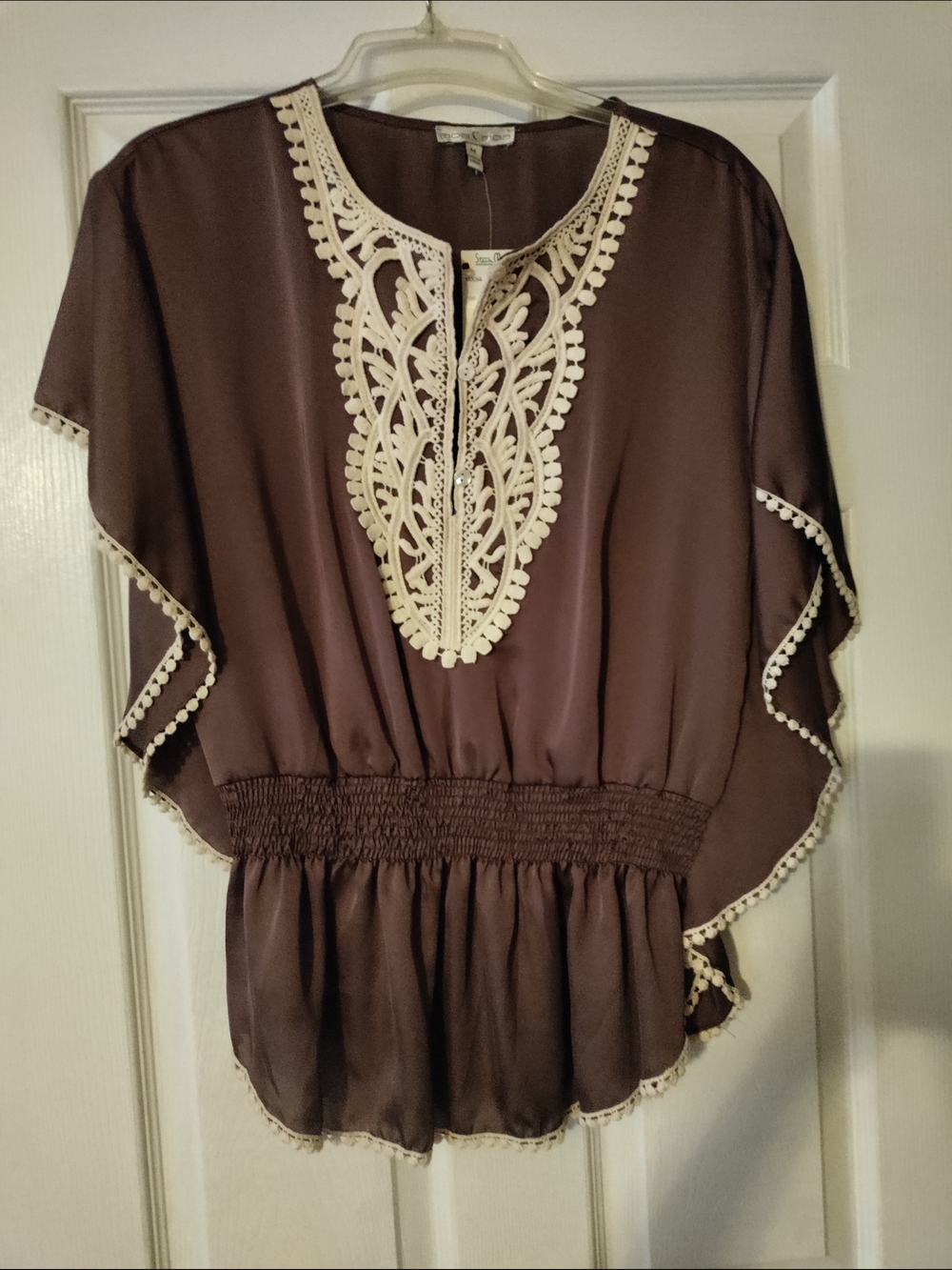 Women’s Brown Crochet-Trim Peasant Blouse